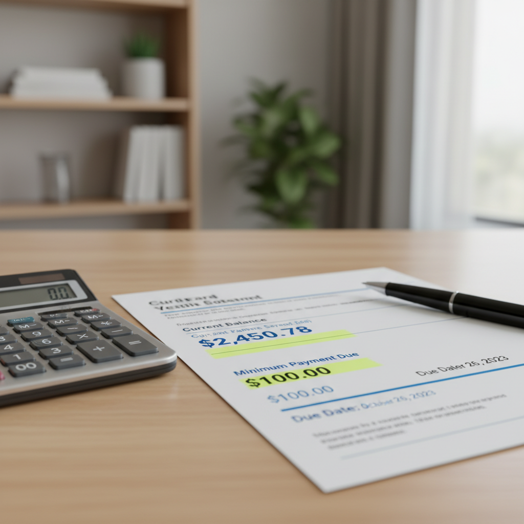 A clear, close-up, photorealistic image of an open credit card statement laid out on a clean desk, next to a calculator and a pen. Key sections like 