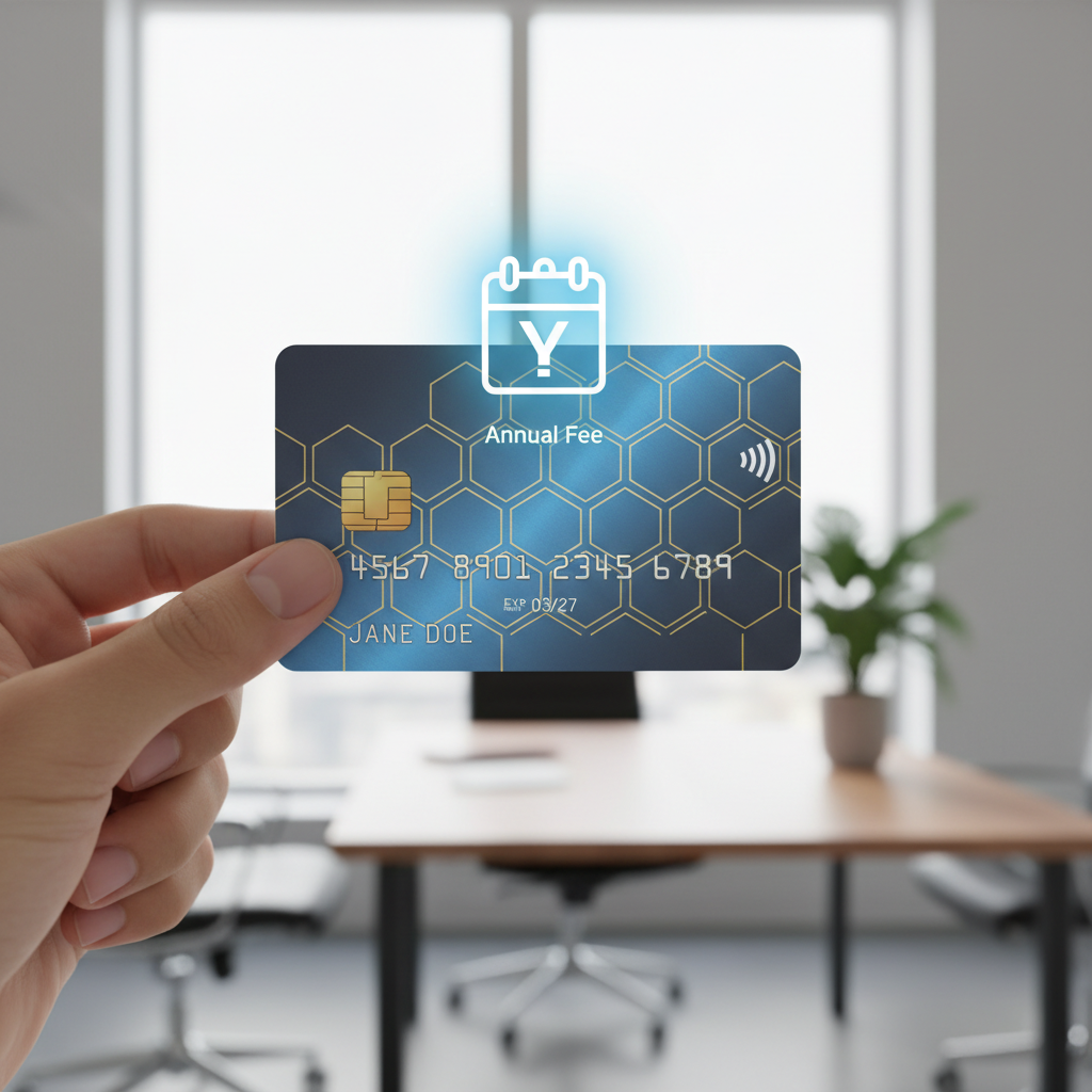 A close-up, photorealistic image of a credit card being held in hand with a small calendar icon hovering above it, symbolizing yearly charges, in a bright, modern setting.