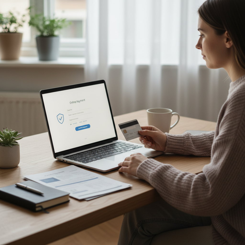 A photorealistic image of a person sitting comfortably at a desk, looking at a laptop with a credit card next to it, making an online payment. The scene is calm and organized, emphasizing financial responsibility.