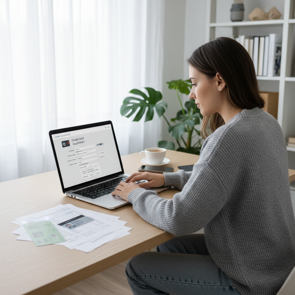 A person sitting comfortably at a desk, looking at a laptop screen with various documents spread out neatly around them, preparing for an online credit card application. The setting is modern and well-lit, conveying a sense of organization and readiness.