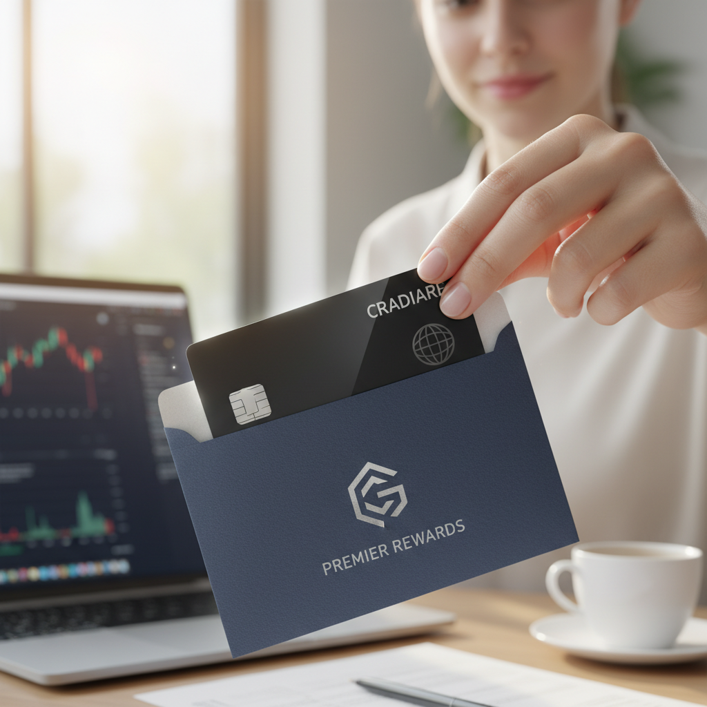 A close-up shot of a hand holding a newly arrived, sleek credit card, sliding it out of a secure, branded envelope. The background is slightly blurred, focusing on the excitement of receiving the card.
