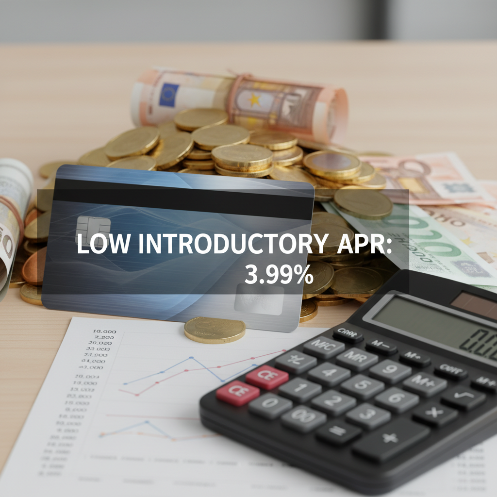 A vibrant, close-up shot of a modern credit card with a low interest rate visible, resting on a stack of coins and banknotes, symbolizing savings and financial relief. The background is a soft, blurred office desk with a calculator and a financial document, conveying smart money management. Photorealistic and professional lighting.