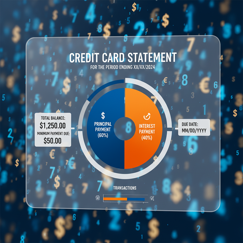 A vibrant, clear infographic depicting a credit card statement with a pie chart showing principal payment vs. interest payment, set against a background of numbers and financial symbols. The style should be modern and easy to understand, with a focus on visual clarity.
