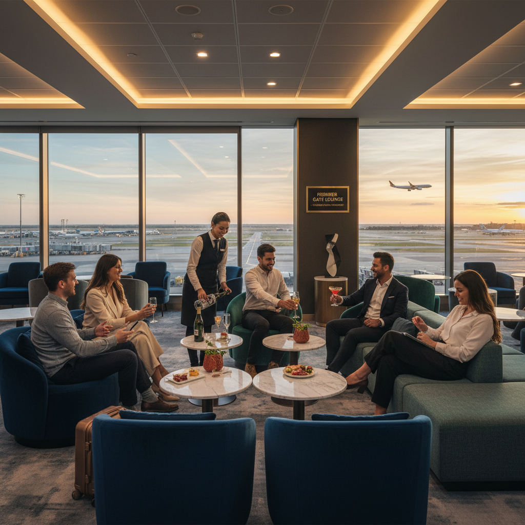 A diverse group of friends enjoying a luxurious airport lounge with comfortable seating, modern decor, and complimentary drinks, showcasing travel perks and comfort before a flight.