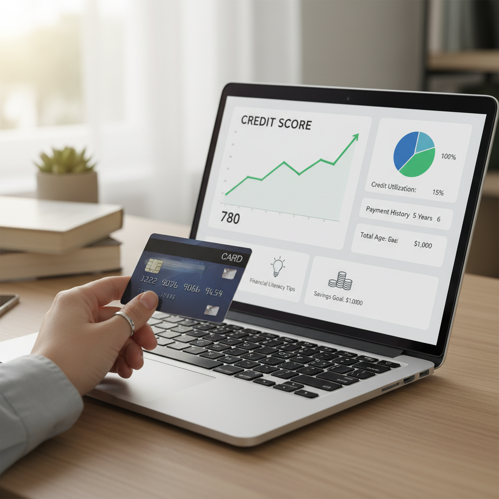 A person's hand holding a credit card next to a laptop displaying a positive credit score graph and various financial indicators, representing credit building and financial literacy.