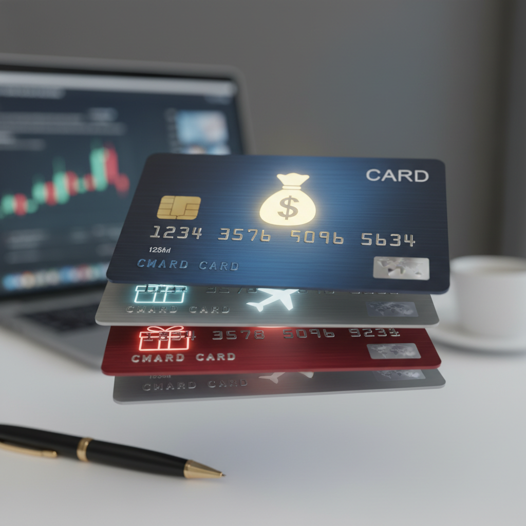 A vibrant, detailed close-up shot of various credit cards stacked, with glowing icons representing different reward types like a money bag for cash back, a plane for travel, and a gift box for merchandise, all against a subtly blurred background of a modern office desk.