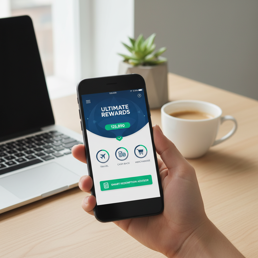 A person's hand holding a smartphone, displaying a credit card rewards app with a dashboard showing points balance, redemption options for travel, cash back, and merchandise, with a calculator icon suggesting smart redemption choices. The background is a clean, modern desk with a laptop and coffee cup.