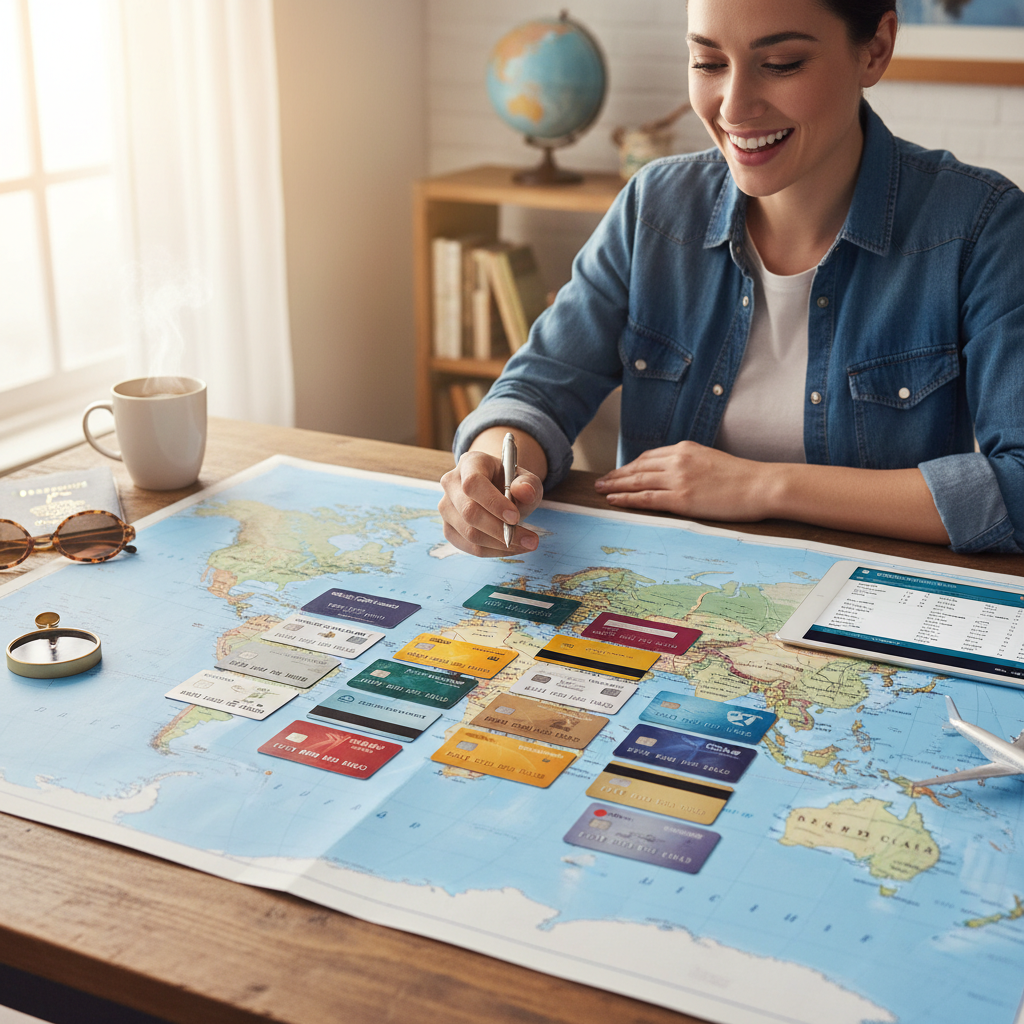 A person smiling and looking at a world map with various travel credit cards laid out on a table, illustrating the planning of a trip using card rewards. The scene is bright and optimistic, with travel accessories like a passport and miniature airplane. Photorealistic style.