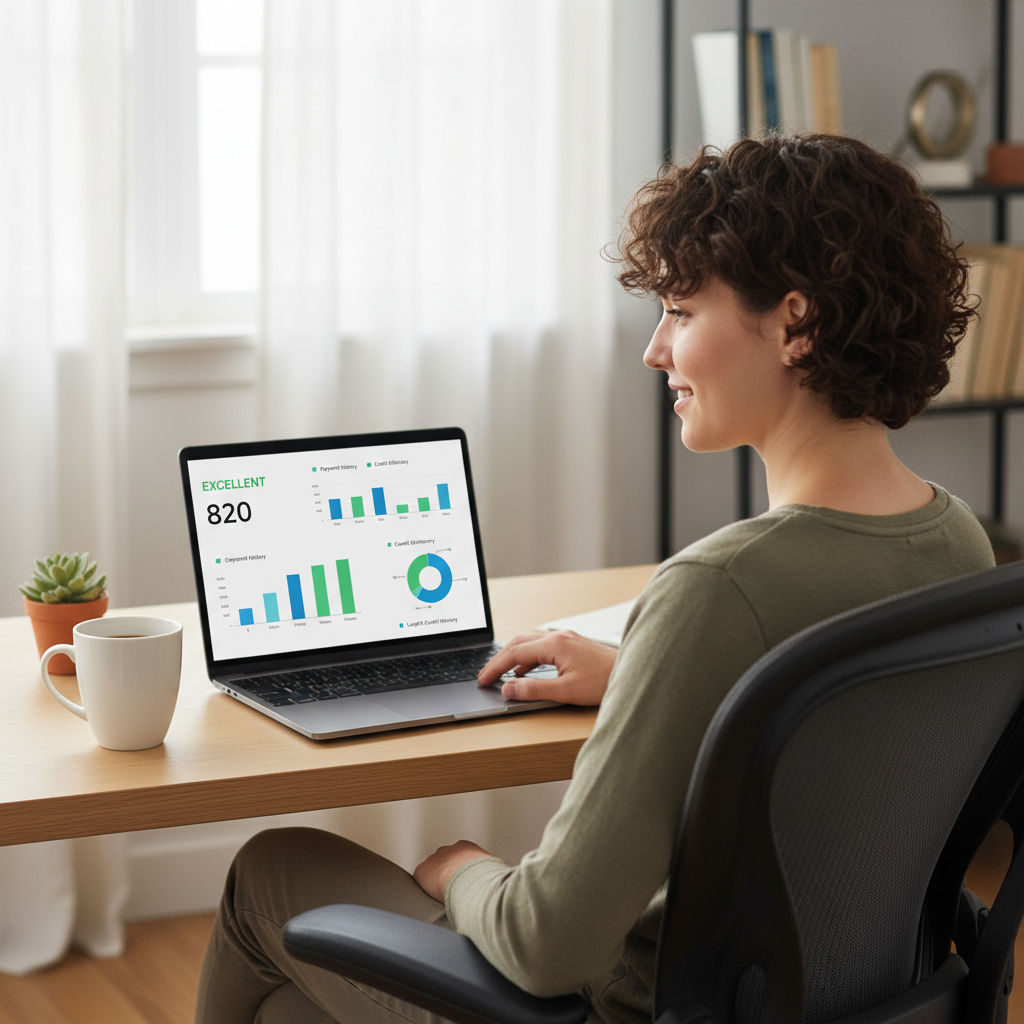 A person sitting comfortably at a desk, looking at a laptop screen displaying a clean, easy-to-understand credit report dashboard. They are smiling slightly, showing satisfaction with their financial progress. There's a cup of coffee and a small plant on the desk, creating a relaxed atmosphere.